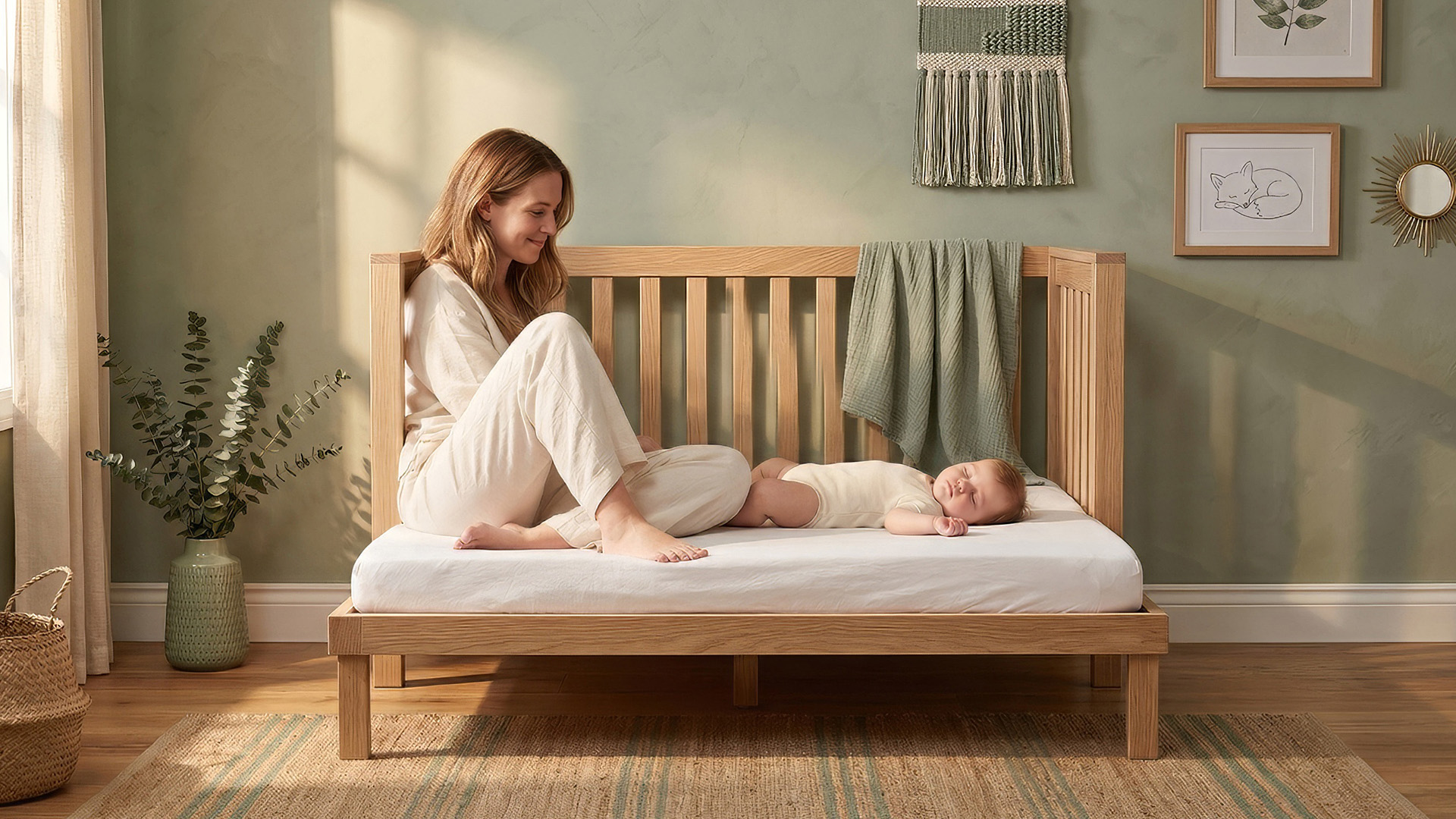 The Sacred Sprout crib in a warm, styled nursery in open connection mode