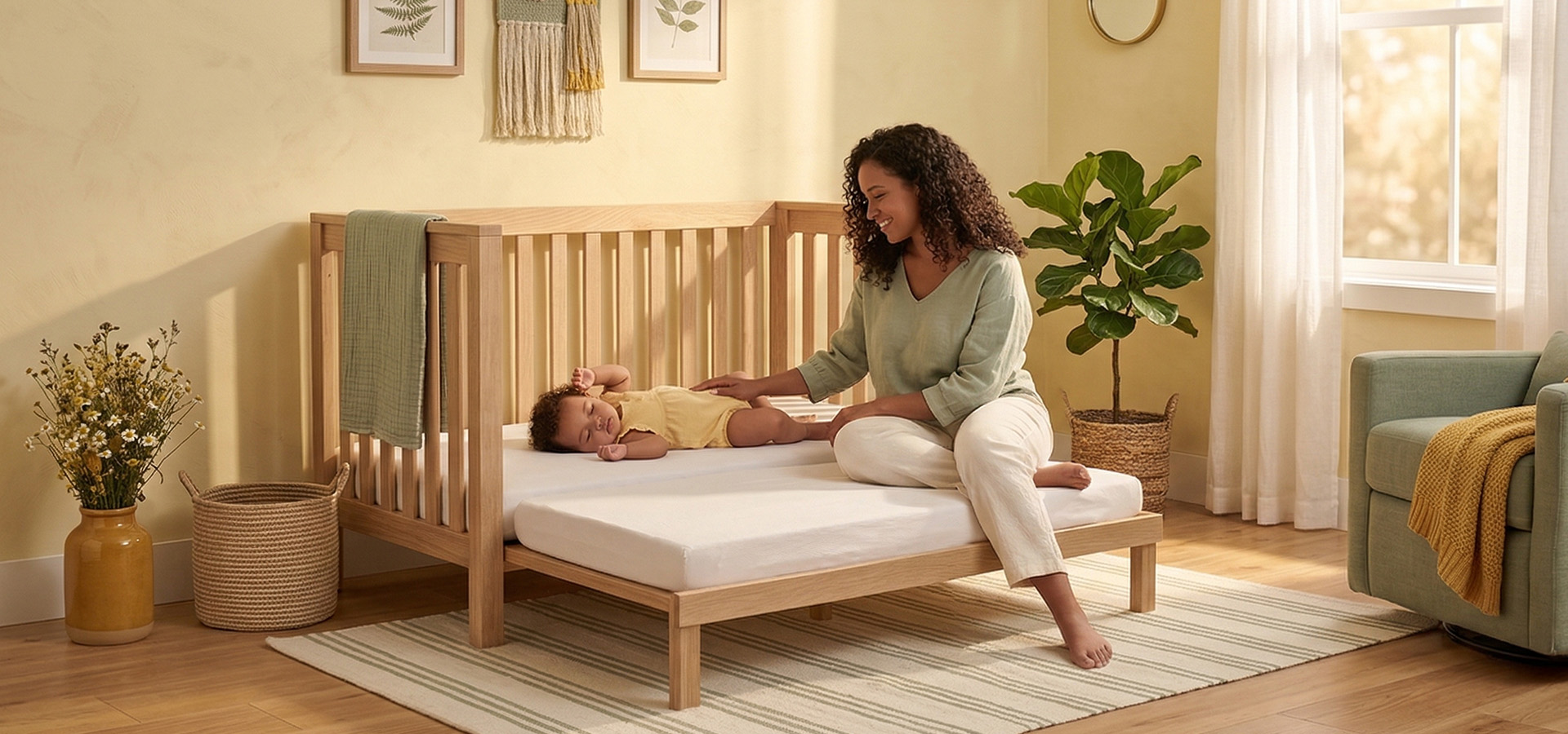 The Sacred Sprout crib in a warm, styled nursery — an aspirational moment of connection