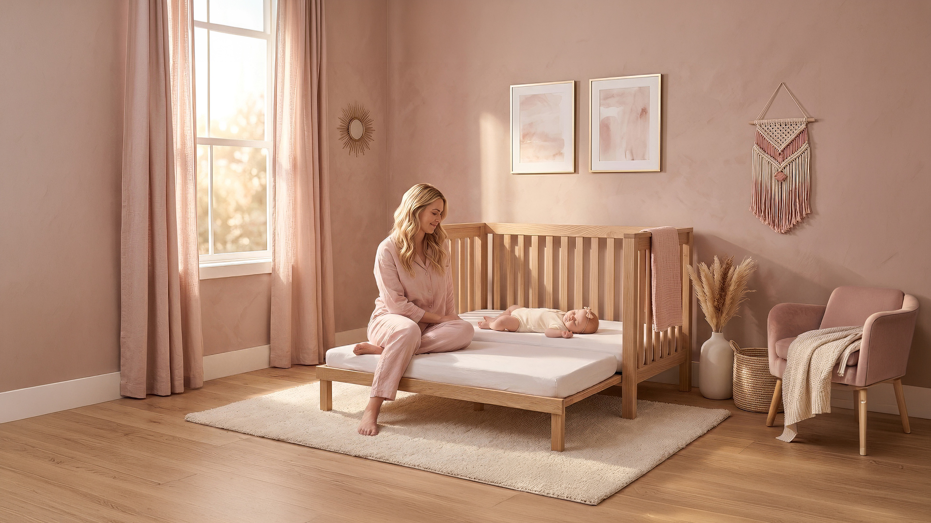 The Sacred Sprout crib in a warm nursery, showing the open connection mode